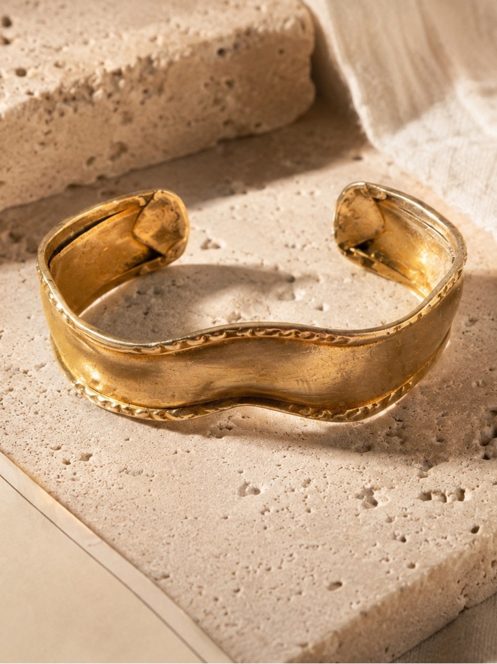 Wavy Gold Tone Cuff Bracelet Sculptural Artisan Unsigned